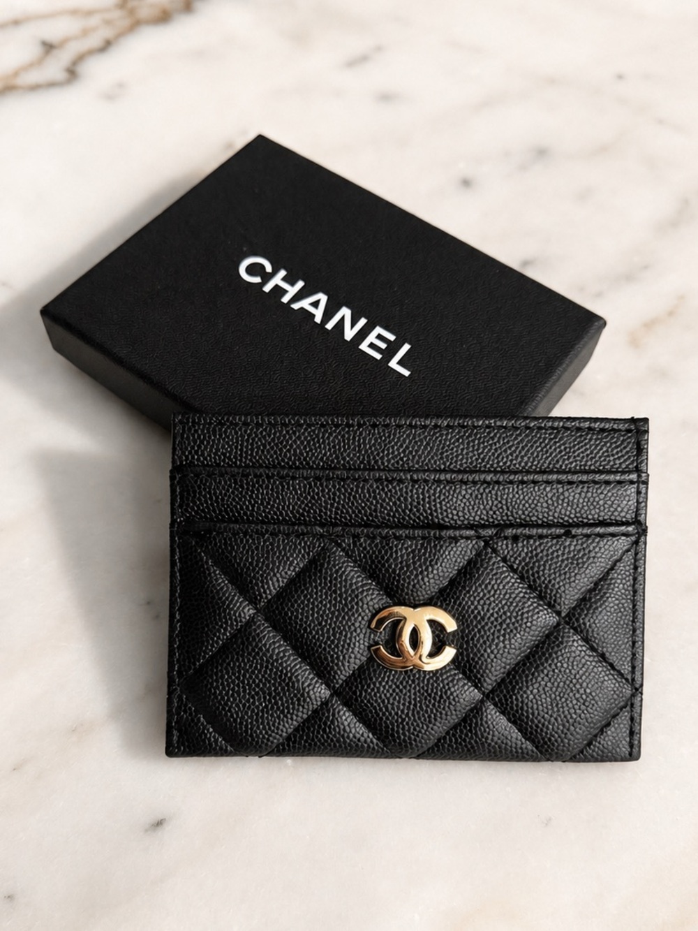 Black Quilted Caviar Leather Card Holder with Gold CC Hardware
